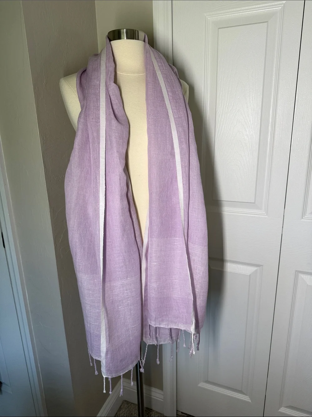 Lavender light purple, lilac linen scarf with white trim and fringe